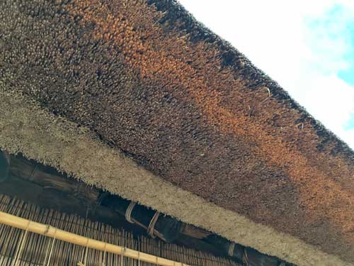 三色模様の茅葺屋根